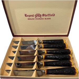 Vintage Sheffield England Stainless Steel Faux Antler Steak Knife - Set of 6 MCM